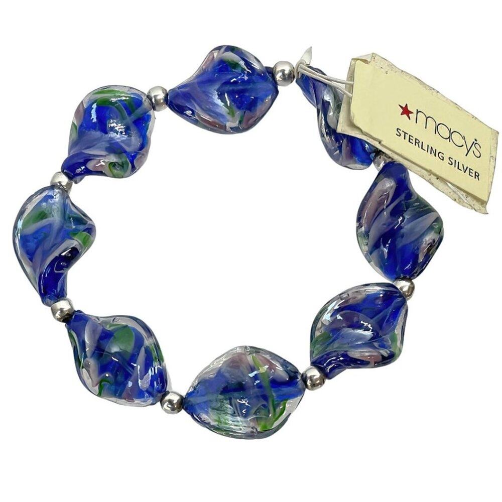 NWT Macy's Blue & Green Murano Glass & Sterling Silver Stretch Bracelet